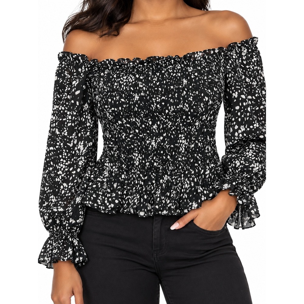 A New Day XXL Black White Smocked Off The Shoulder Print Blouse Long Sleeve Top